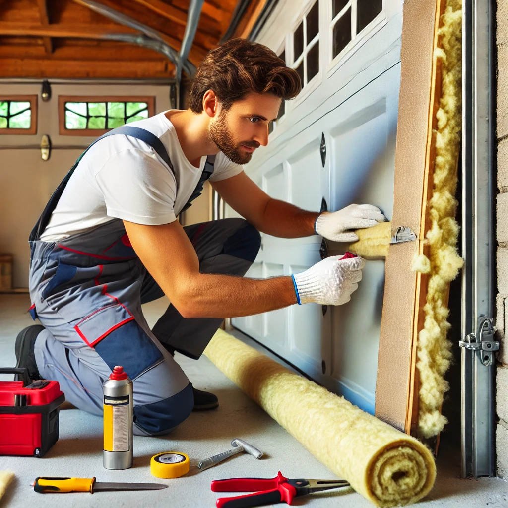 A garage technician improving insulation on a residential garage door in a suburban setting using insulation panels and tools.