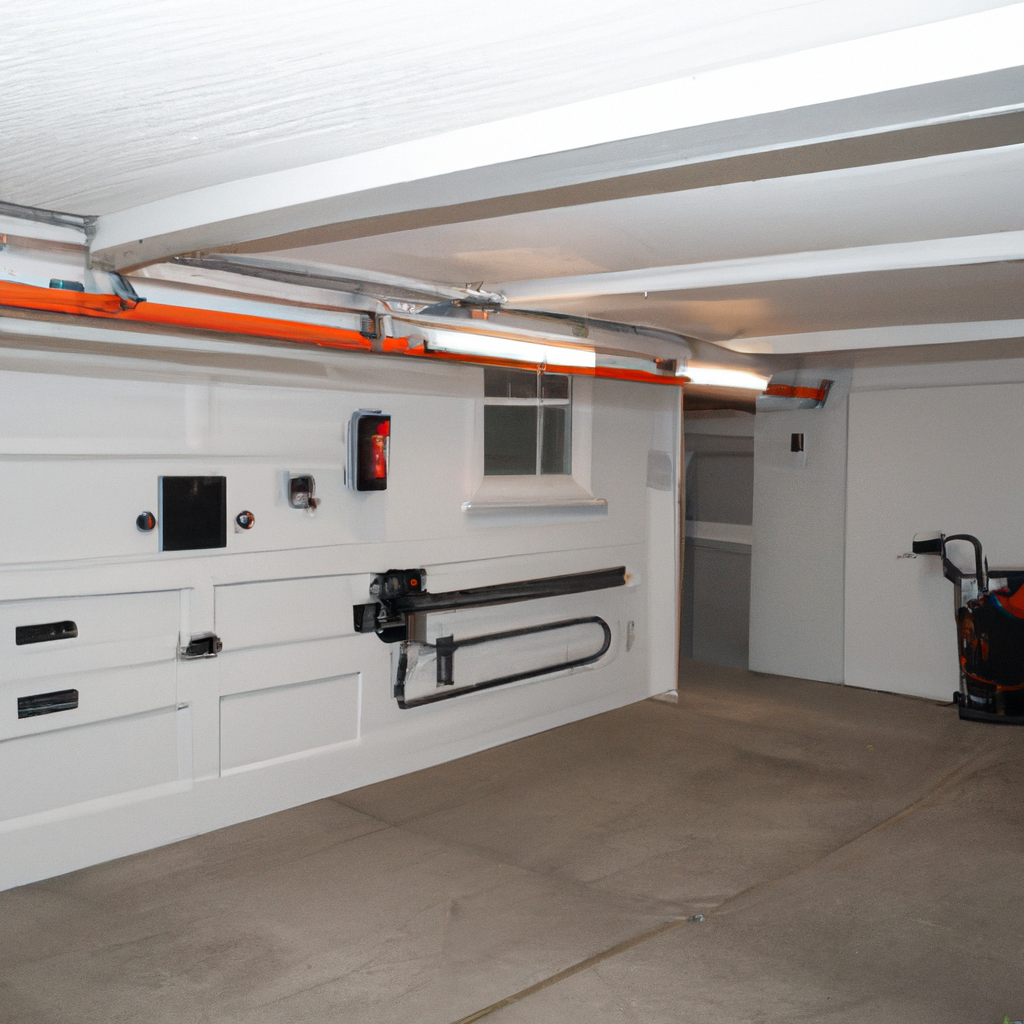 Interior of a clean suburban garage in Westwood, MA with a modern opener and safety sensors