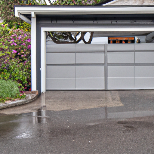 Modern gray insulated garage door on a Mukilteo home with wet driveway and Pacific Northwest landscaping.