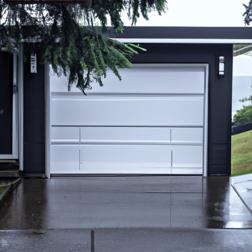 Mukilteo suburban garage door exterior on a wet morning showing weather seals and threshold under overcast sky