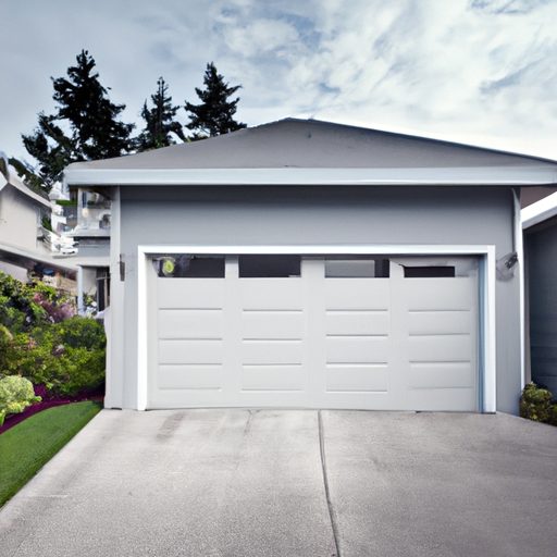 Wide view of a residential garage door in Mukilteo with coastal landscaping and visible tracks and hardware.