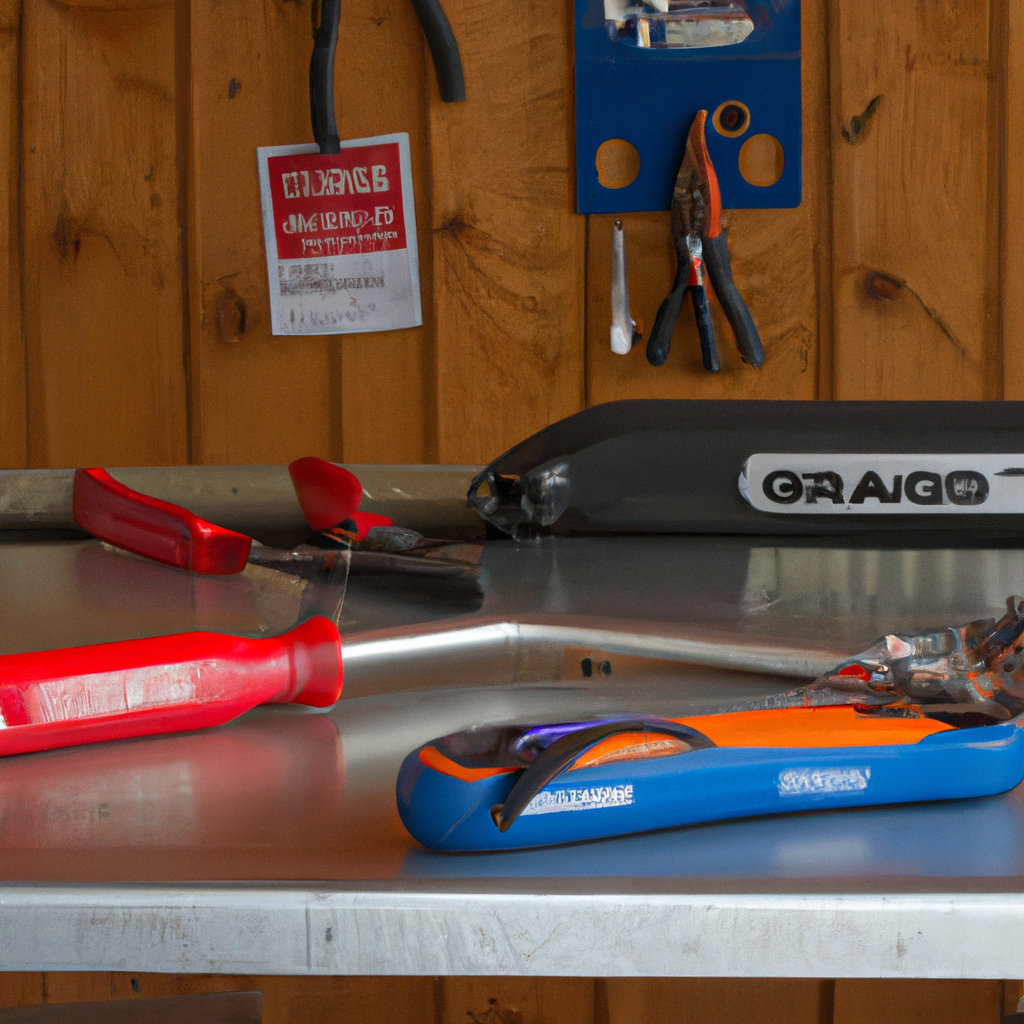 Garage door repair toolset neatly arranged on a workbench inside a garage with an open door and tools visible