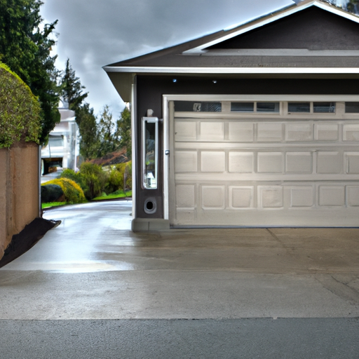 Suburban Mukilteo driveway with a modern two-car garage door partially open on an overcast day.