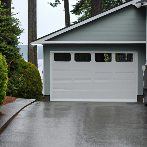 Modern insulated garage door on a Mukilteo home with wet driveway and Puget Sound shoreline visible in the distance.