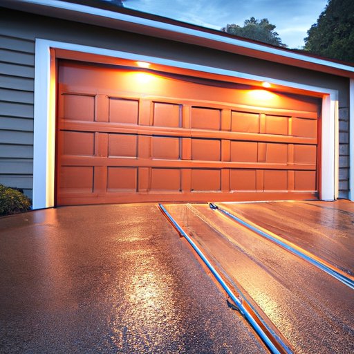 Suburban Mukilteo garage with sectional door half-open, visible hardware, cedar siding, and coastal evening light.