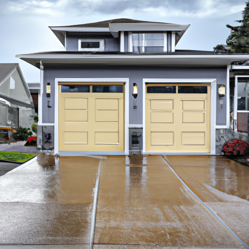 Modern sectional garage door on a Mukilteo, WA home with tools laid out on the driveway under overcast coastal light.