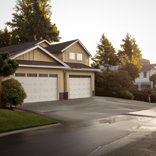 Mukilteo residential street with a modern sectional garage door at golden hour, Puget Sound atmosphere in the background.