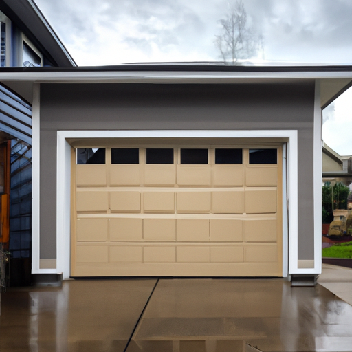 Modern insulated sectional garage door on a Mukilteo coastal house with wet driveway, no people.