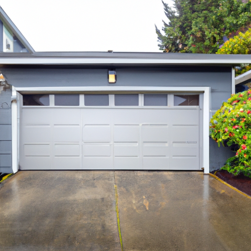 Detached suburban garage door in Mukilteo, WA with visible weather seal and wet driveway during overcast weather.