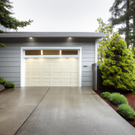 Closed residential steel-panel garage door on a rainy overcast day in Mukilteo, WA with coastal background and evergreen landscaping.