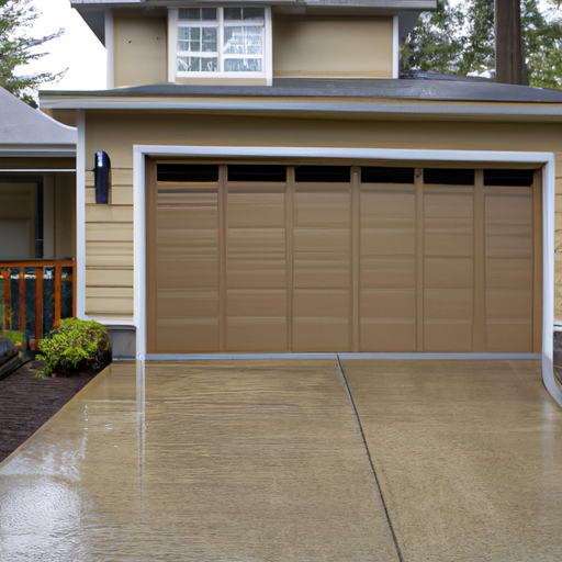 Mukilteo suburban home exterior showing a modern sectional garage door, wet pavement, cedar siding, coastal trees.