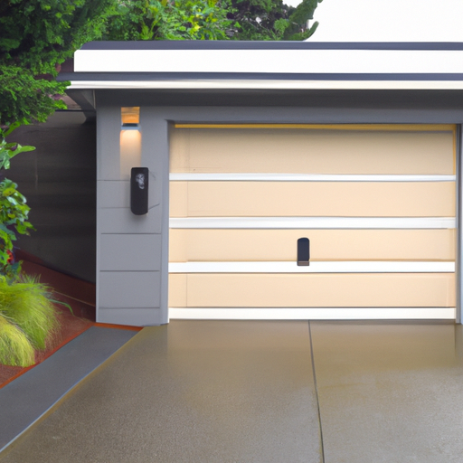 Modern Mukilteo home exterior with contemporary garage door and visible smart keypad under overcast sky.