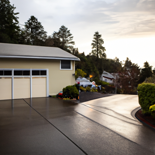 Mukilteo residential street with a modern sectional garage door, wet pavement and Puget Sound light in the background.