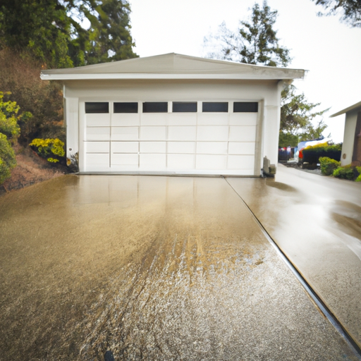 Sectional garage door on a Craftsman home in Mukilteo with wet pavement and shoreline in the background.