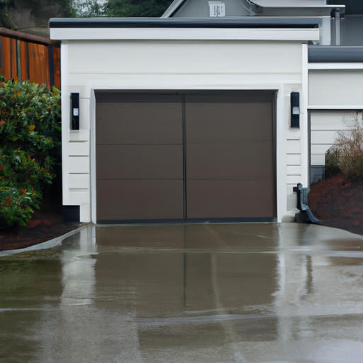 Residential garage in Mukilteo with sectional door slightly open showing tracks and spring assembly on an overcast day.