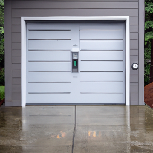 Suburban Mukilteo home with a modern garage door, smart keypad, evergreen trees, and Puget Sound visible in the background.