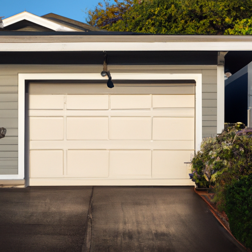 Insulated garage door on a Mukilteo, WA home at dawn with visible weatherstripping and shoreline vegetation in background.