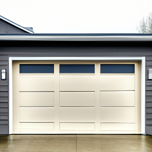 Modern gray sectional garage door on a Mukilteo house with cedar siding and overcast Puget Sound light.