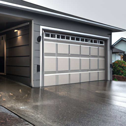 Residential sectional garage door on a Mukilteo, WA home under overcast skies, driveway visible, no people.