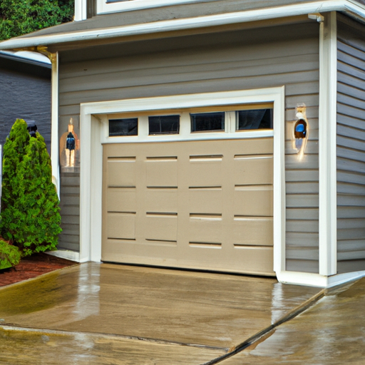 Insulated garage door on a Mukilteo suburban home after light rain, showing weather seals and track area, no people.