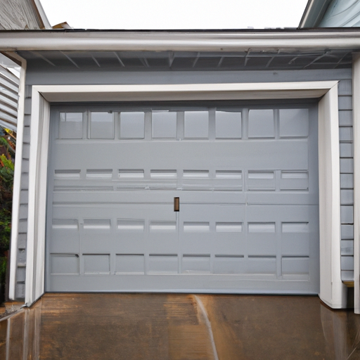 Insulated garage door on a Mukilteo home exterior, cedar siding, wet pavement, visible seals and threshold.