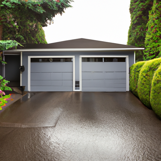 Two-car gray sectional garage door on a Mukilteo home with coastal vegetation and wet driveway under overcast light.